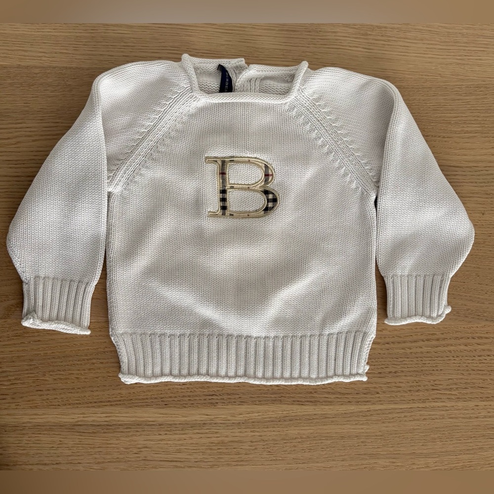 Burberry Baby Sweater 18M White Knit Logo B Check Plaid